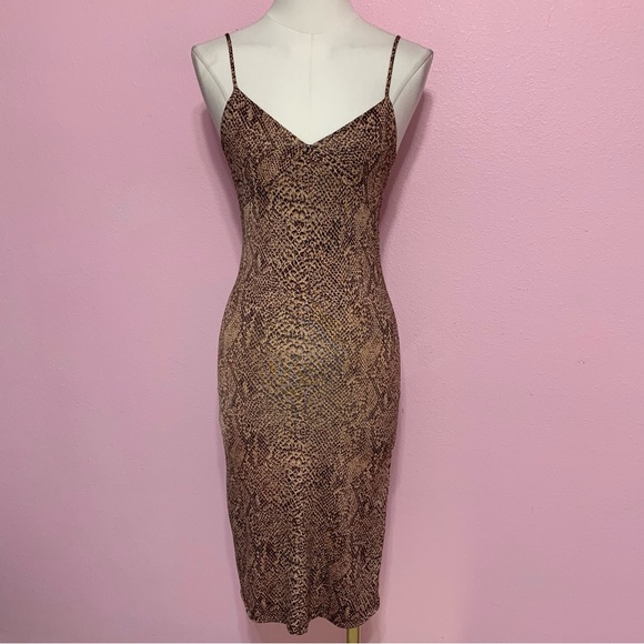 Vintage Dresses & Skirts - VTG Brown Snake Skin Print Midi Dress